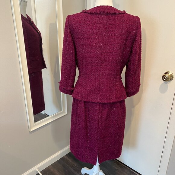 Tahari ASL Magenta Metallic Tweed Skirt Suit with Fringe Detail, Size 10 - Picture 12 of 16